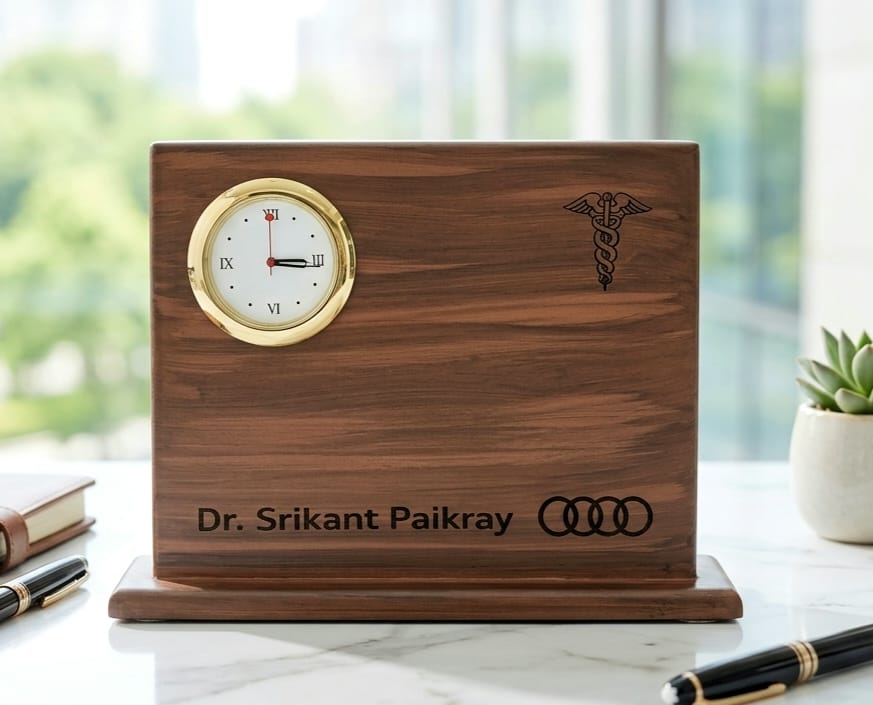 Wooden pen stand with clock and engraved nameplate